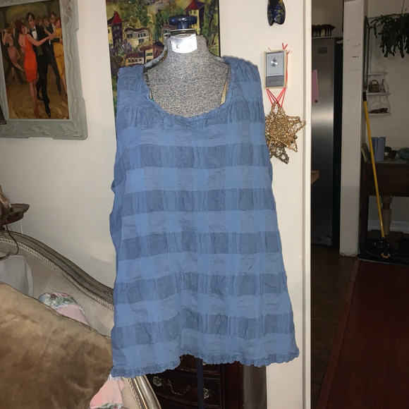 Women's FLAX Blue Plaid striped Linen Blend Tank Top Size L - Picture 1 of 7